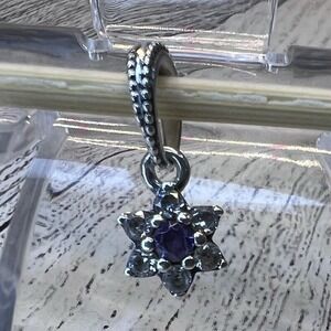 Authentic Pandora Sterling Silver 'Forget Me Not' Purple CZ Flower‎ Dangle Charm